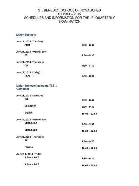St. Benedict School of Novaliches Schedules and Information.